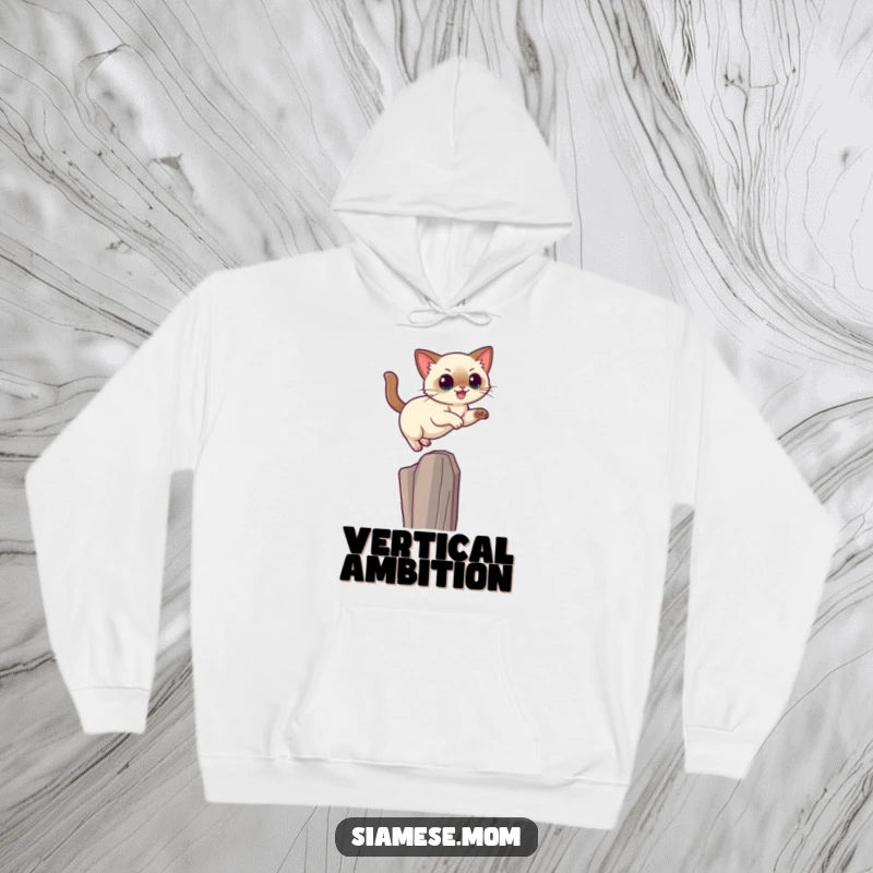 Funny Kawaii Siamese cat hoodie illustration of a sleek cat gracefully jumping to reach a high perch.