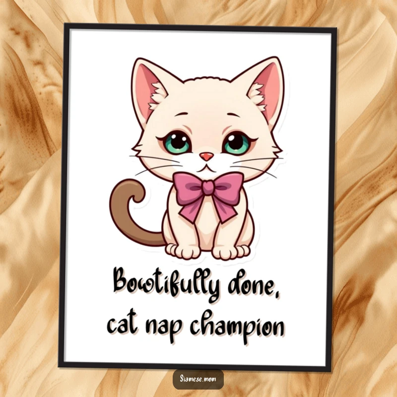 Funny Free Printable Wall Art: a kawaii Siamese cat strikes an elegant, playful bow, bringing charm to any room.
