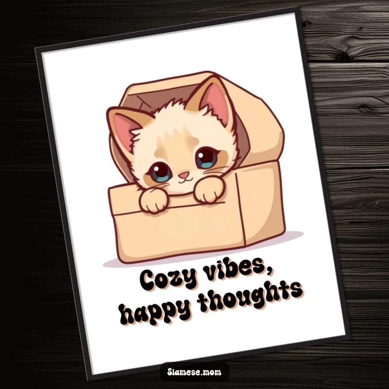 Funny Free Printable Wall Art: A kawaii Siamese kitten peeking curiously from within a cozy box.