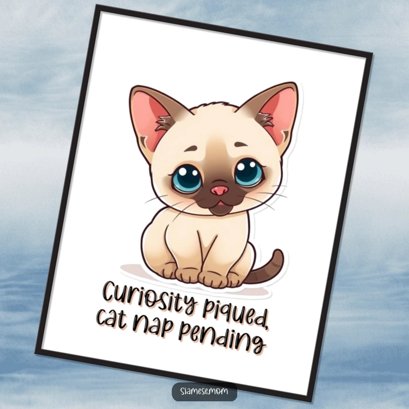 Funny Free Printable Wall Art: A curious Kawaii Siamese cat arching its back with perked ears, looking inquisitive.