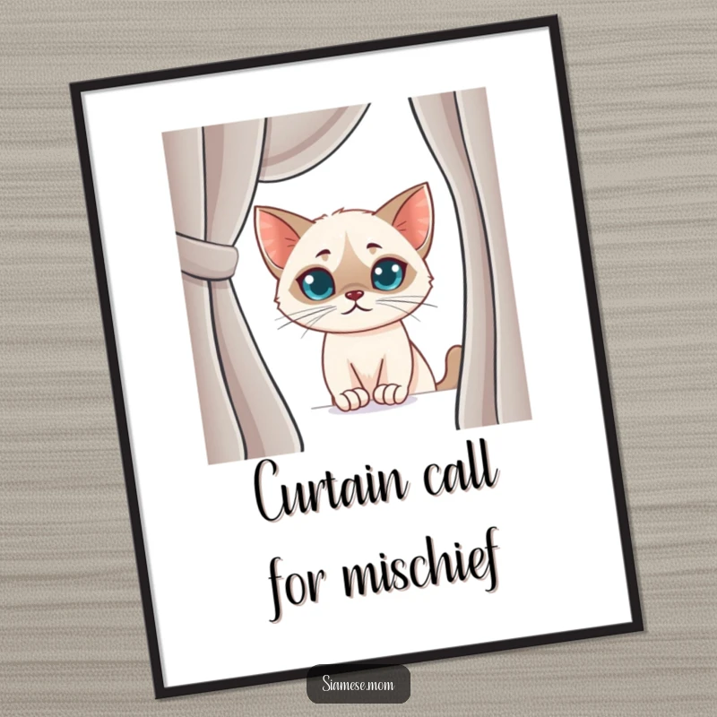 Funny Free Printable Wall Art: A mischievous kawaii Siamese cat with a smirk peeking from behind a drawn curtain.