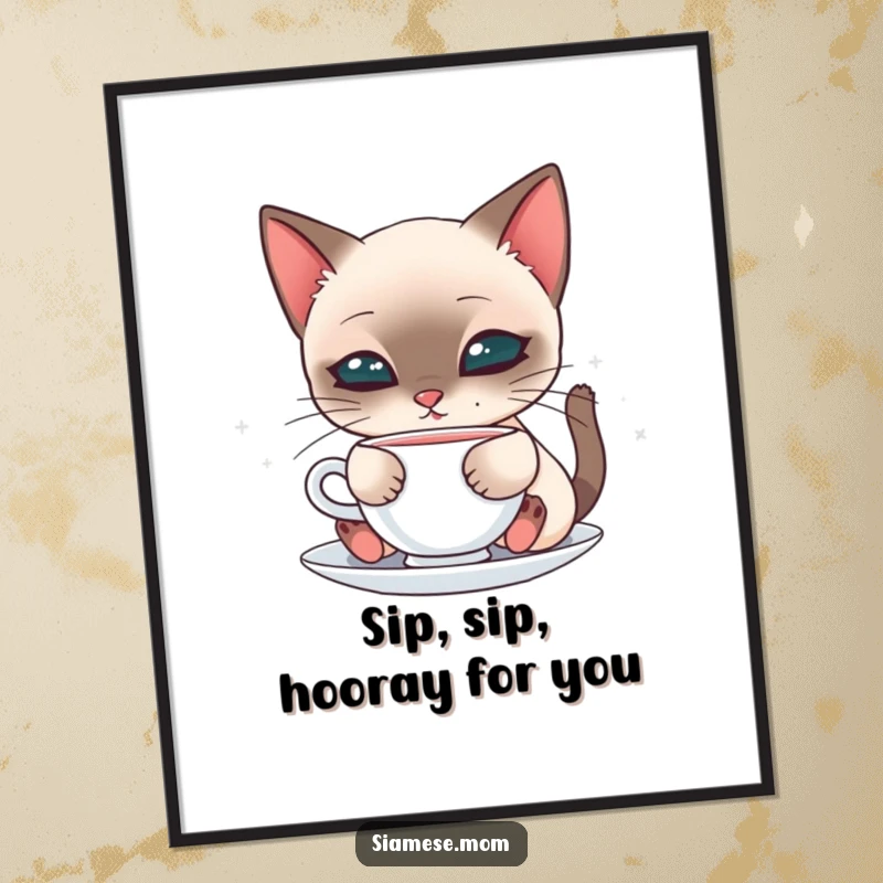 Cute Free Printable Wall Art: Graceful kawaii Siamese cat delicately sipping from a saucer, embodying elegance and cuteness, perfect downloadable art.
