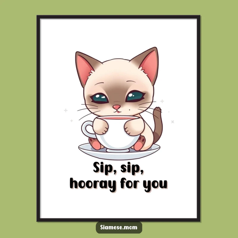 Cute Free Printable Wall Art: Kawaii Siamese Cat Sip Decor, Adorable Downloadable Art