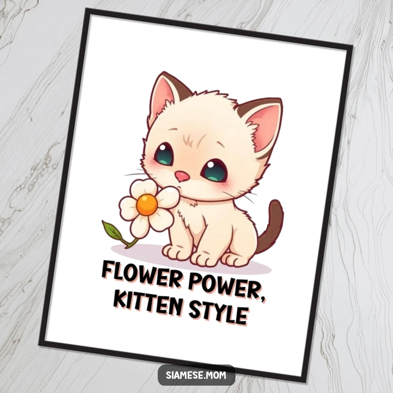 Funny Free Printable Wall Art: A sweet kawaii Siamese kitten curiously sniffing a vibrant flower.