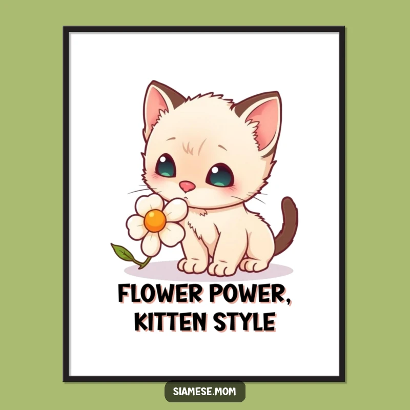 Funny Free Printable Wall Art: Kawaii Siamese Kitten Flower Sniffing Downloadable Decor