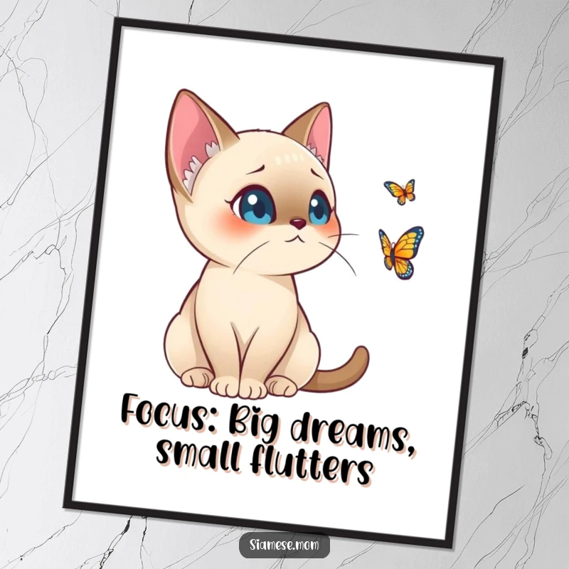 Funny Free Printable Wall Art: Alert Kawaii Siamese cat intensely watching a distant butterfly, adding humor to your home decor, print at home.