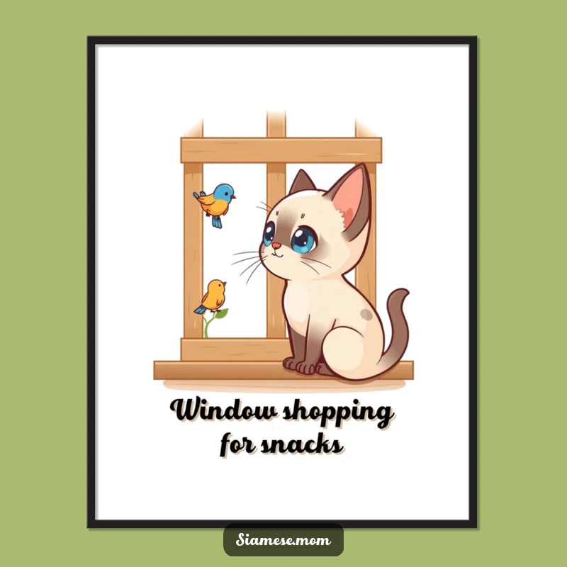 Free Printable Kawaii Siamese Cat Wall Art: Bird Watching Downloadable Decor