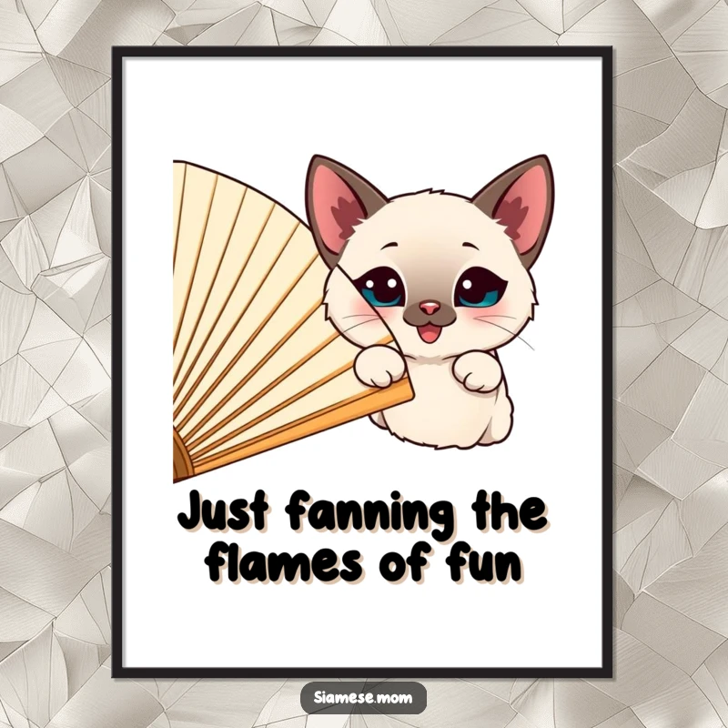 Funny Free Printable Wall Art featuring a happy Siamese cat peeking out from behind a large, colorful, cheerful fan.