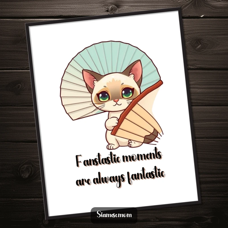 Funny Free Printable Wall Art: A curious Siamese cat peeks playfully from behind a large decorative fan, perfect for cat lovers.