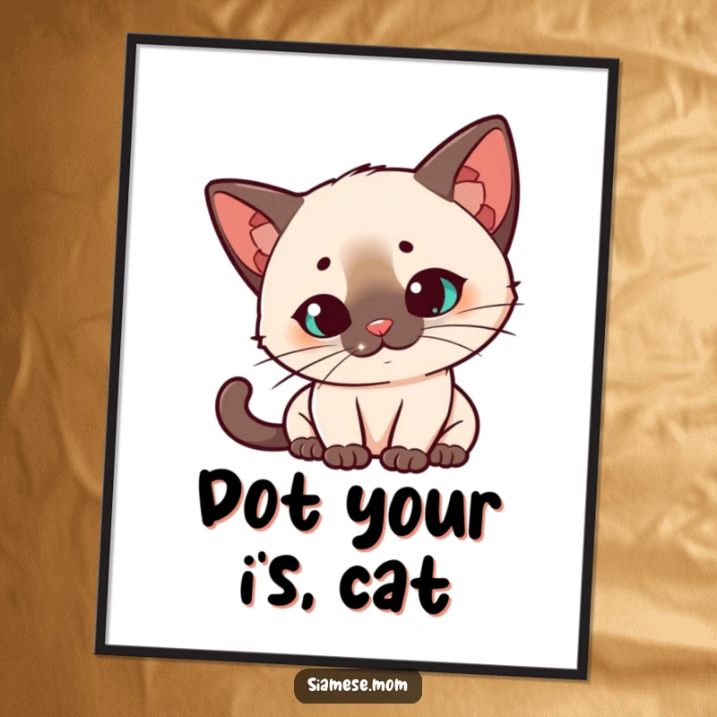 Funny Free Printable Wall Art: Kawaii Siamese cat with a quizzical head tilt, intently watching a red laser dot, full of curiosity.