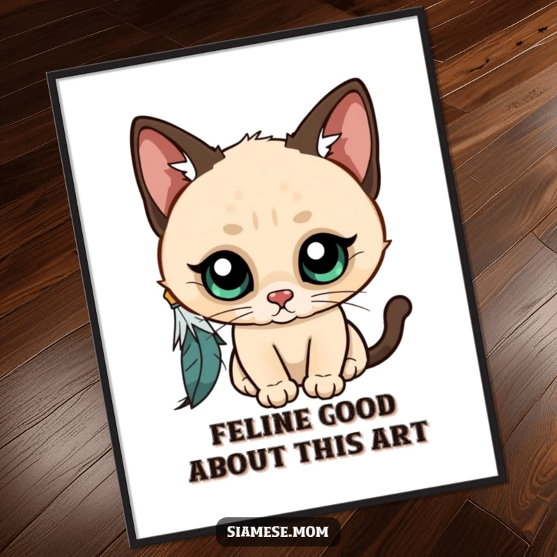 Funny Free Printable Wall Art: Kawaii Siamese cat with wide, curious eyes playfully bats at a dangling feather, capturing a moment of pure joy.