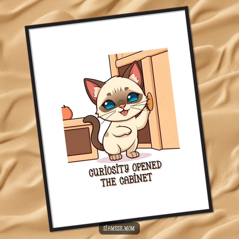 Funny Free Printable Wall Art: A mischievous Kawaii Siamese cat with a sly grin attempts to raid a cabinet, adding humor.