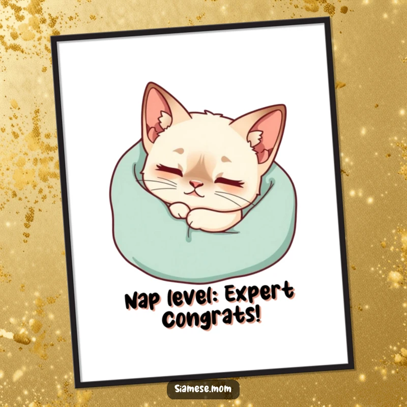 Funny Free Printable Wall Art: Cozy Kawaii Siamese cat purring contentedly in a soft blanket, adding humorous comfort to your space, print at home.