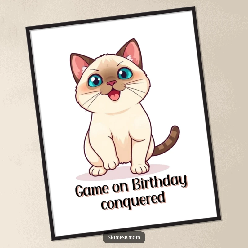 Funny Free Printable Wall Art: Playful Kawaii Siamese cat in a dynamic pounce, ready for action, adding humorous energy to your space, print at home.