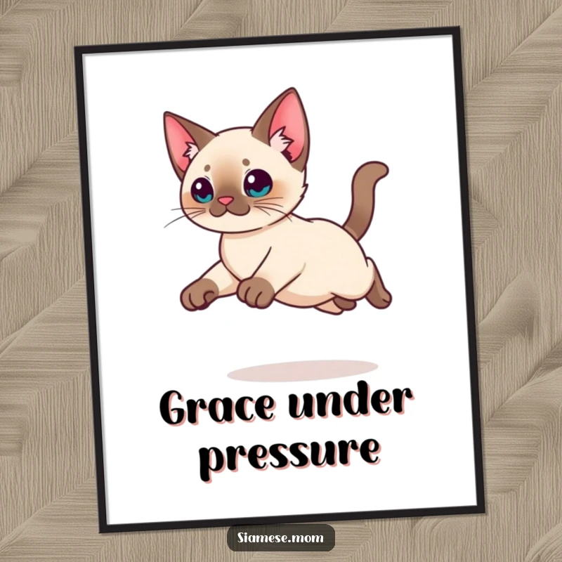 Funny Free Printable Wall Art: Majestic Kawaii Siamese Cat captured mid-leap with legs tucked in, a picture of grace.
