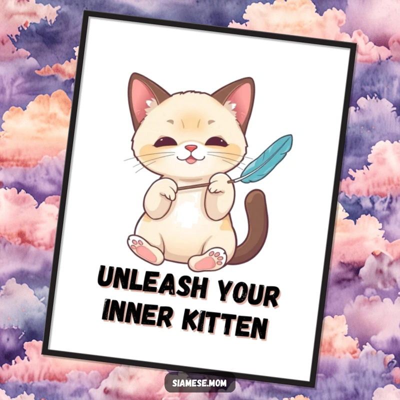 Funny Free Printable Wall Art: Adorable Kawaii Siamese Cat with elegant paws, energetically batting a colorful feather toy.