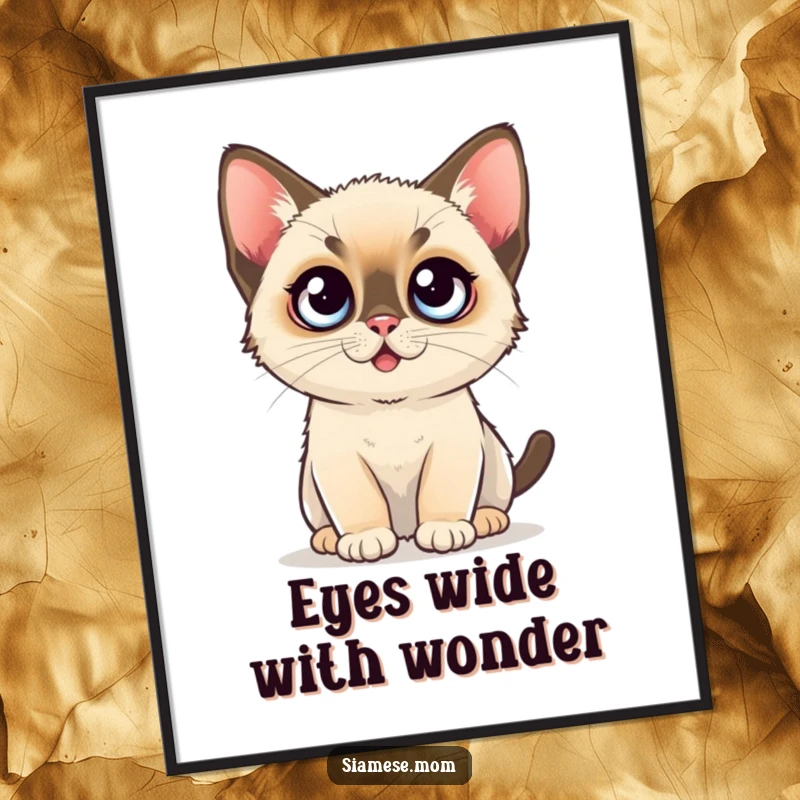 Funny Free Printable Wall Art: A kawaii Siamese kitten with enormous, surprised eyes looking out.