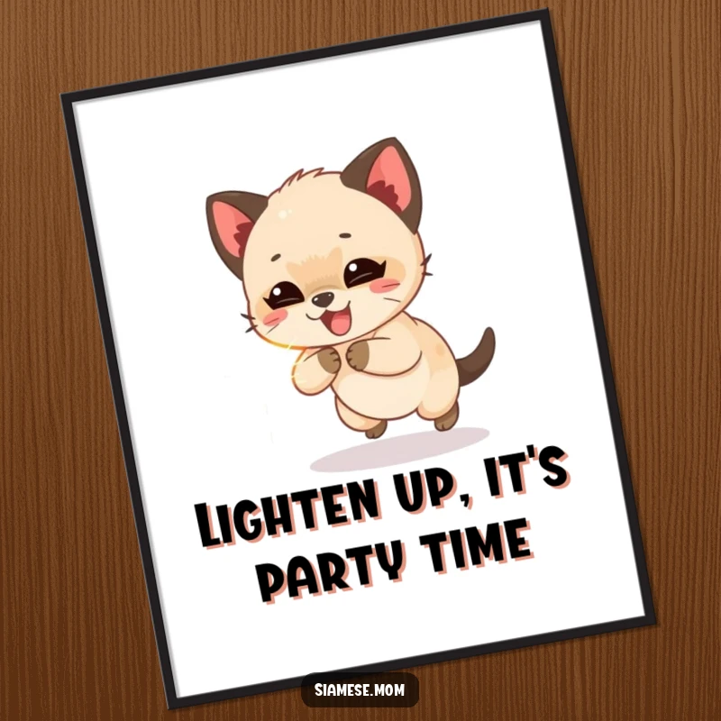 Funny Free Printable Siamese cub wall art, giggling gleefully while chasing a shimmering beam of light, full of joy.
