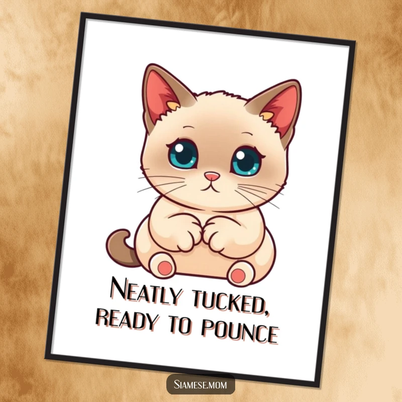 Cute Free Printable Wall Art: A kawaii Siamese cat with paws tucked neatly, exuding quiet charm and elegance.