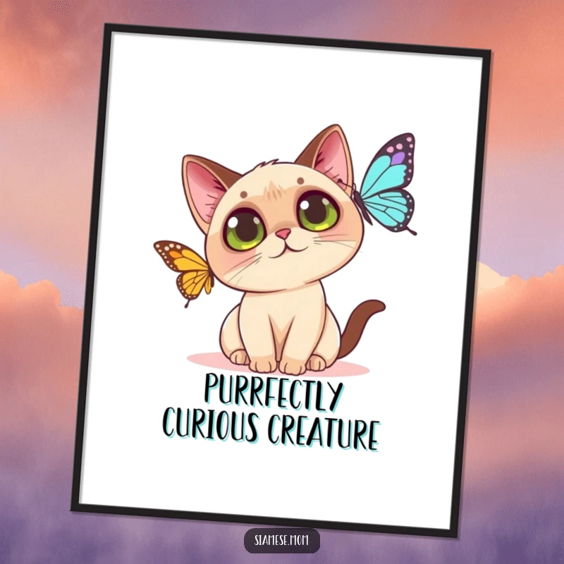 Funny free printable wall art: A kawaii Siamese cat with huge, curious eyes playfully swatting at a colorful butterfly in flight.