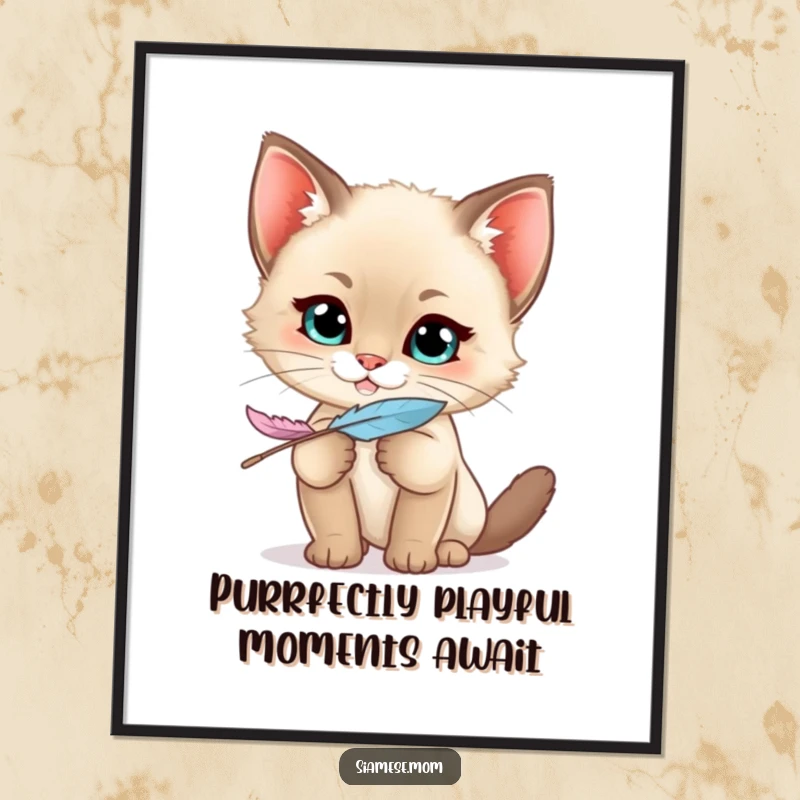 Funny Free Printable wall art: A mischievous kawaii Siamese kitten with a wide grin dangles a feather, ready for playful antics.