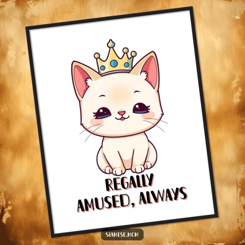 Funny Free Printable Kawaii Siamese Cat Wall Art with a tiny crown, exuding regality, a downloadable piece of elegance.
