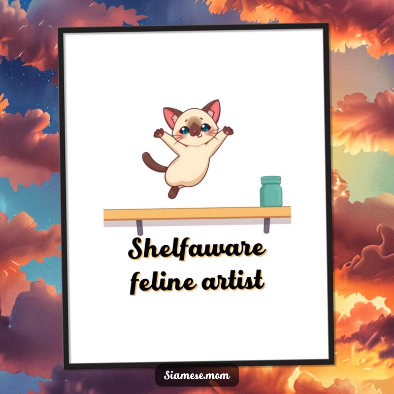 Funny Free Printable Wall Art: Kawaii Siamese cat executing a daring leap onto a high shelf, energetic illustration.