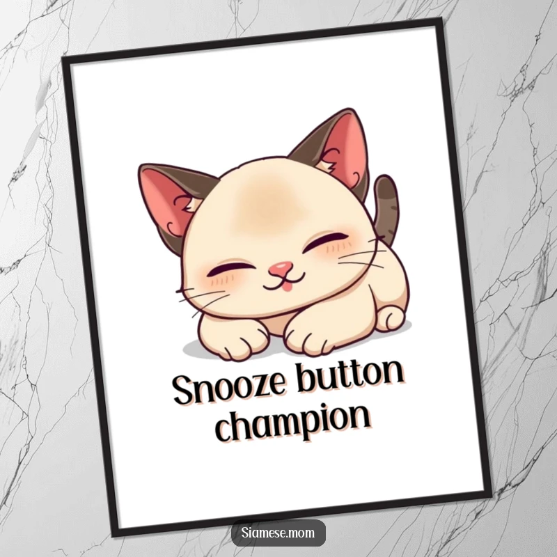 Funny Free Printable Wall Art: Adorable Kawaii Siamese Cat in a serene stretch, radiating pure contentment.