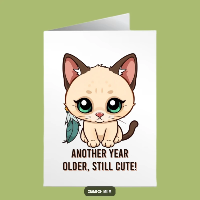 Free Printable Birthday Card: Funny Kawaii Siamese Cat Chasing Feather Fun