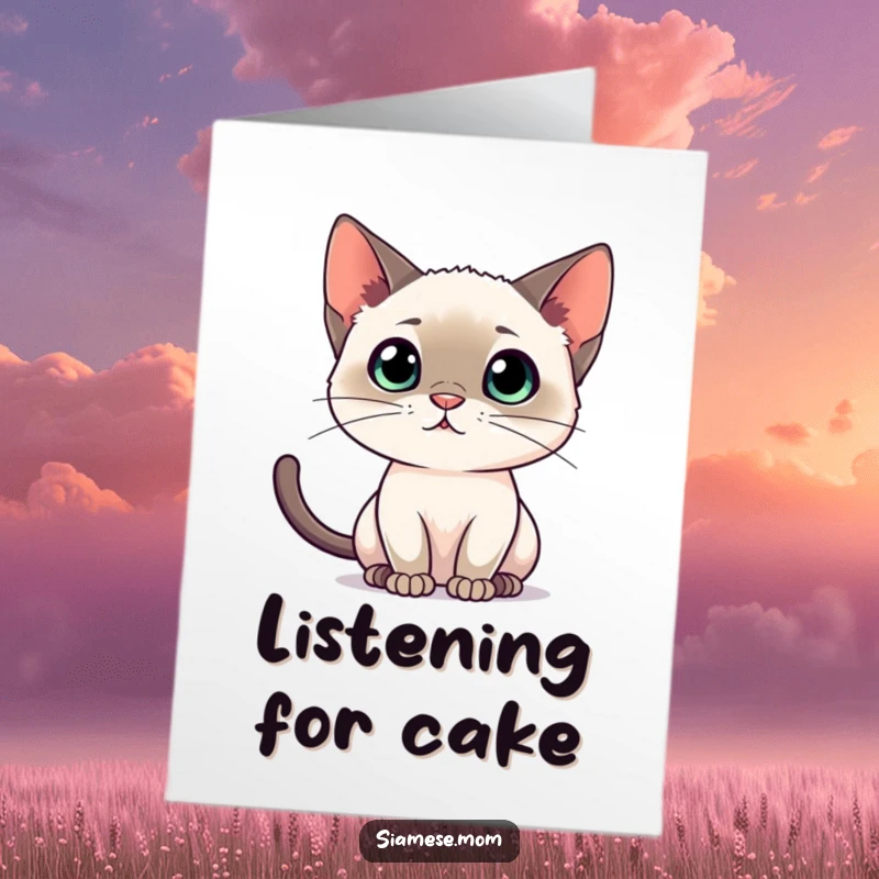Free Printable Birthday Card: Siamese cat's ears are perked, focusing its full attention on a secret.