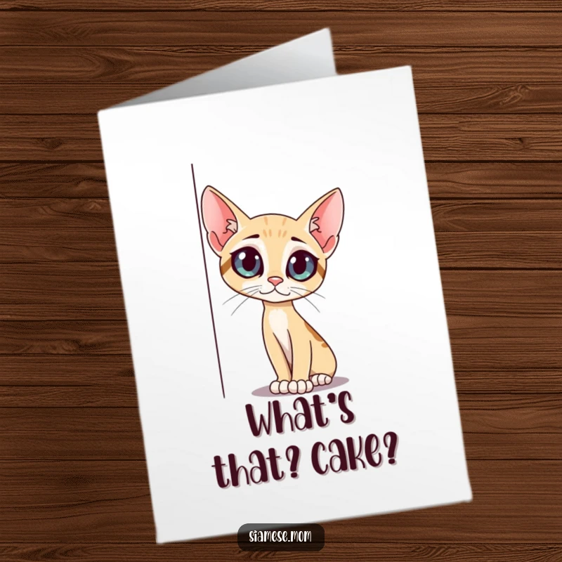 Funny Free Printable Birthday Card: A slender cat with big curious eyes peeking around a corner, full of wonder.