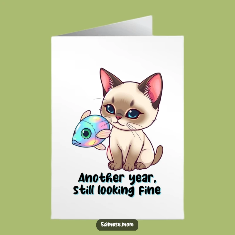 Free Printable Birthday Card: Siamese Cat Holographic Fish Fun