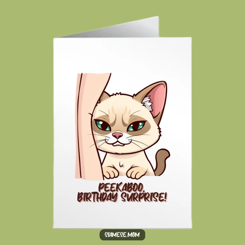 Free Printable Funny Siamese Cat Birthday Card: Mischievous Grin Downloadable Gift