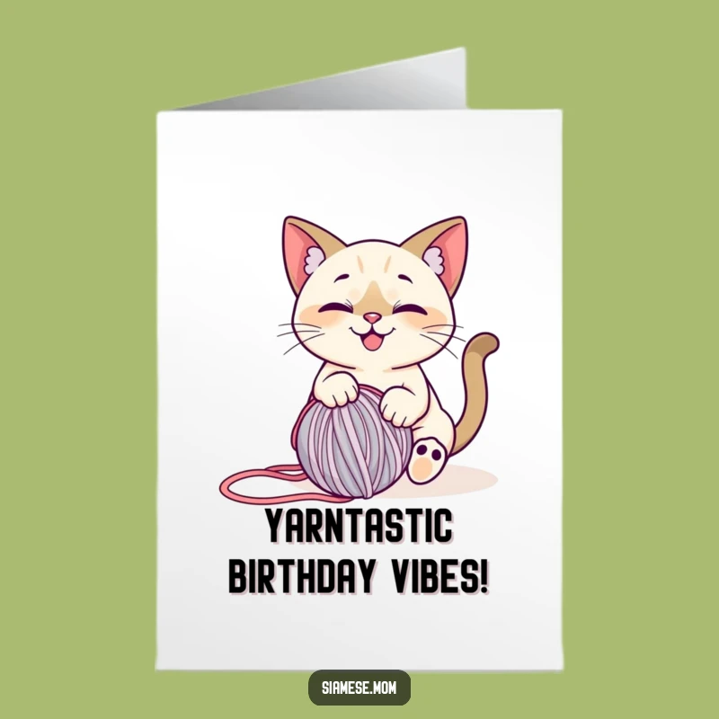 Free Printable Funny Siamese Cat Birthday Card: Yarn Play Stylized Cat Downloadable Gift