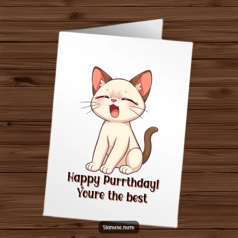 Free Printable Birthday Card: A cute Siamese cat stretching languidly and yawning, perfect for a funny greeting.