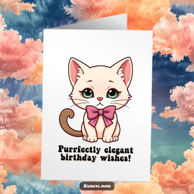 Funny Free Printable Birthday Card featuring a kawaii Siamese cat doing an elegant, playful bow, ready to celebrate.