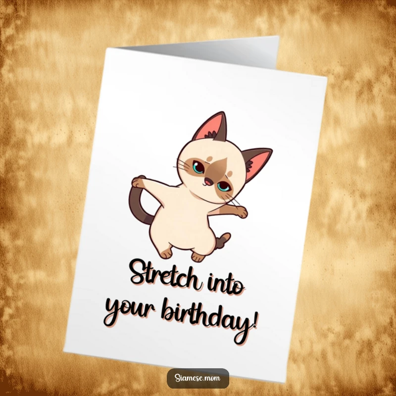 Free Printable Birthday Card: Kawaii Siamese cat gracefully stretching with eyes closed in pure bliss.