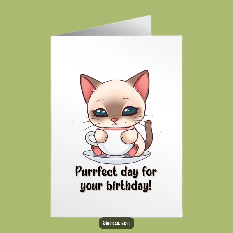 Sweet Free Printable Birthday Card: Kawaii Siamese Cat Sipping, Adorable Downloadable Gift
