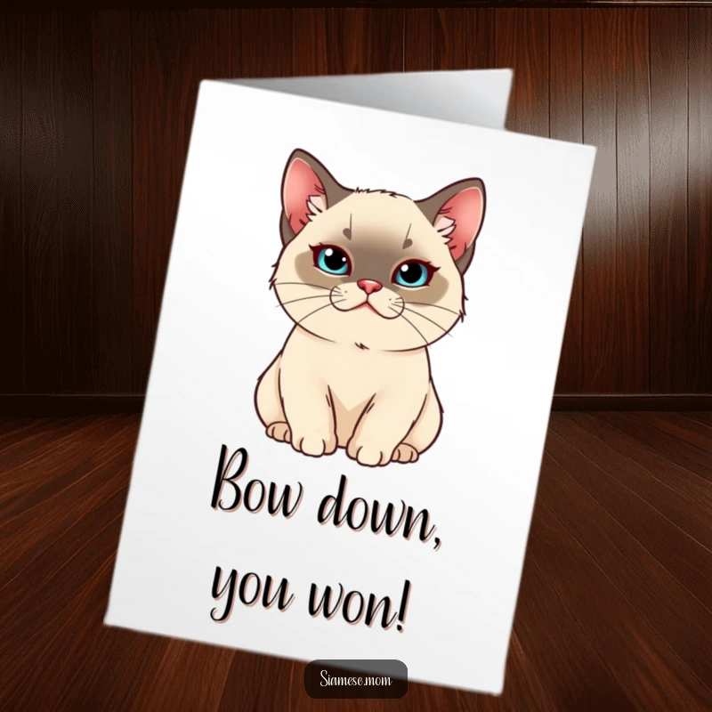 Funny Free Printable Congratulations Card: Pampered Kawaii Siamese cat with a smug expression, receiving adoration.