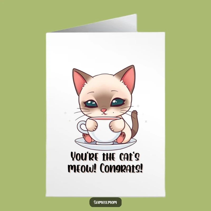 Cute Free Printable Congrats Card: Kawaii Siamese Cat Sip, Adorable Downloadable Gift