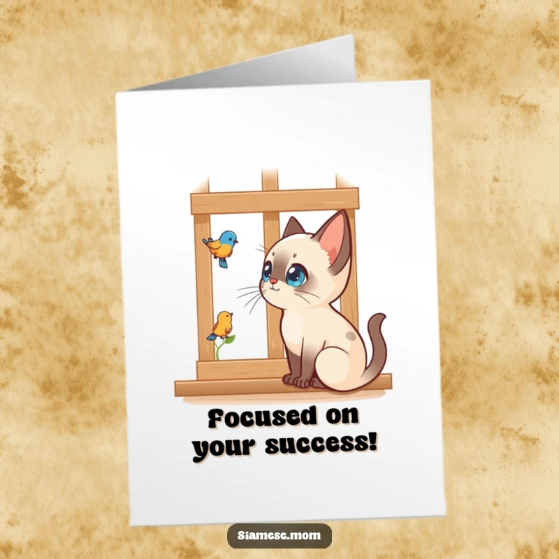 Funny Free Printable Congratulations Card: Kawaii Siamese cat intensely focused on a bird outside a window, plotting.