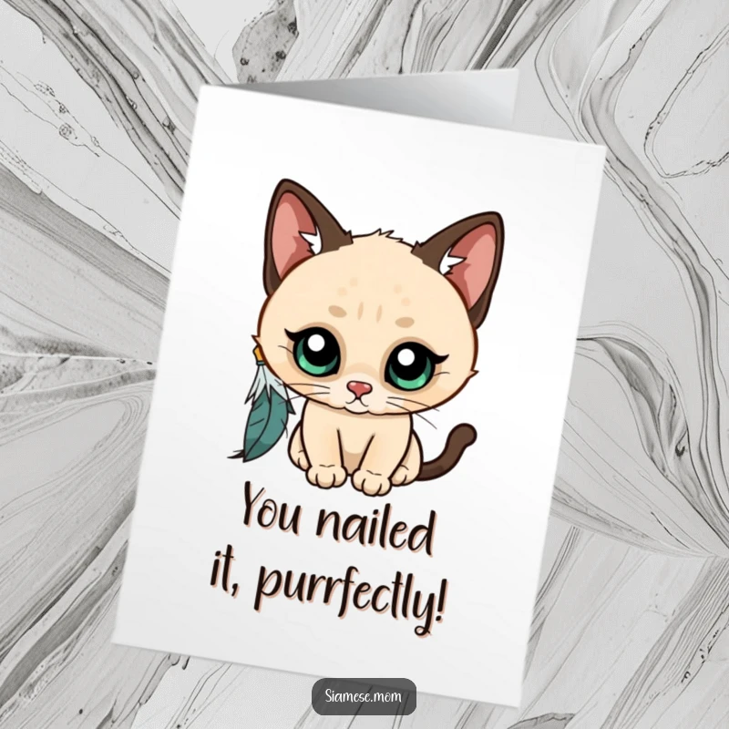 Funny Free Printable Congratulations Card: Kawaii Siamese cat excitedly chases a feather, symbolizing playful celebration and achievement.