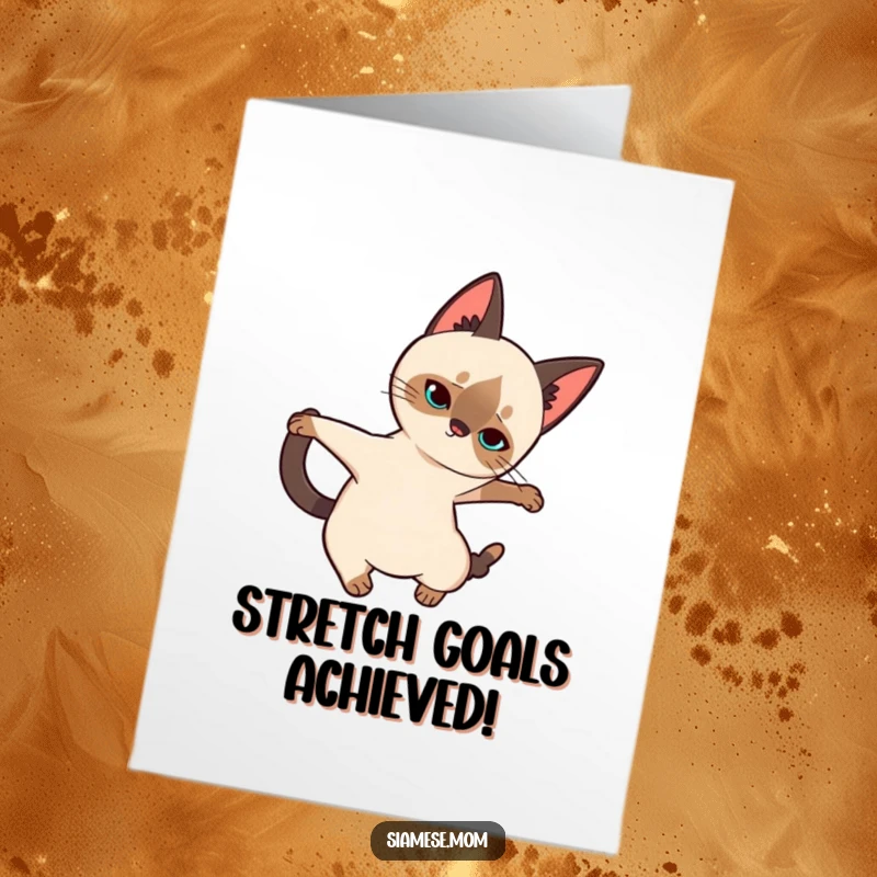 Free Printable Congrats Card: Kawaii Siamese cat doing an elegant, full-body stretch, looking serene.