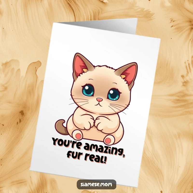 Cute Free Printable Congratulations Card: A kawaii Siamese cat with paws tucked neatly, looking poised and happy for your success.