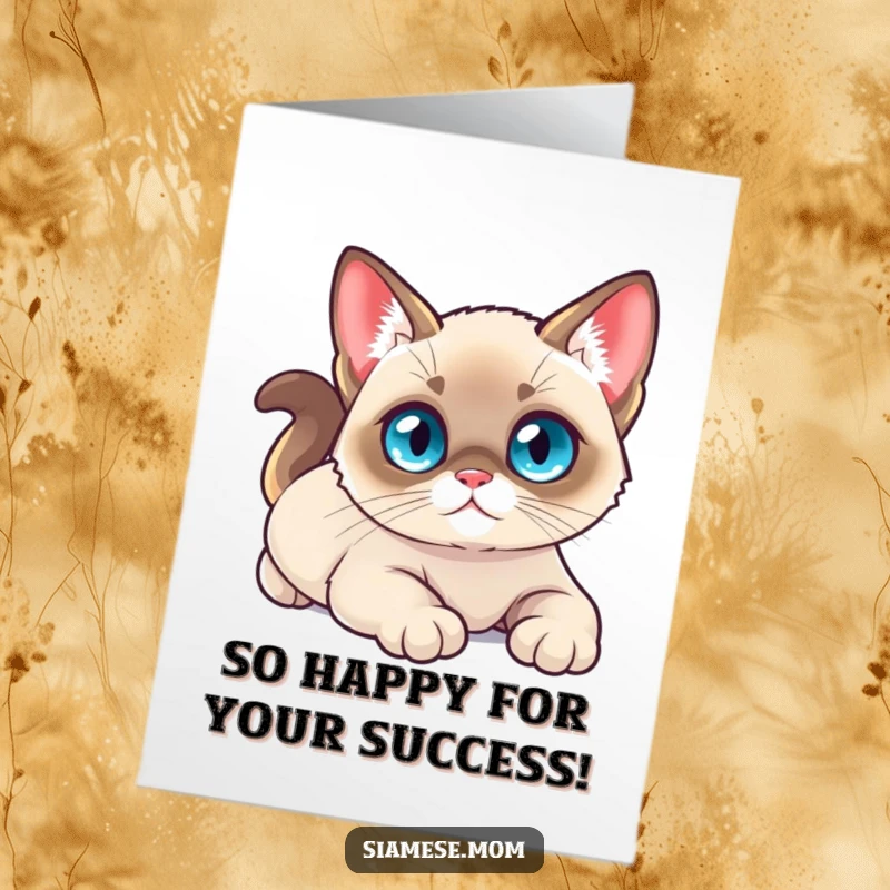 Funny Free Printable Congratulations Card: A Kawaii Siamese cat with blue eyes stretching luxuriously, celebrating your success.