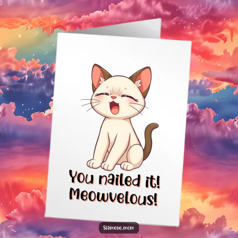 Free Printable Congratulations Card: A cute Siamese cat yawning while stretching, conveying humorous congratulations.
