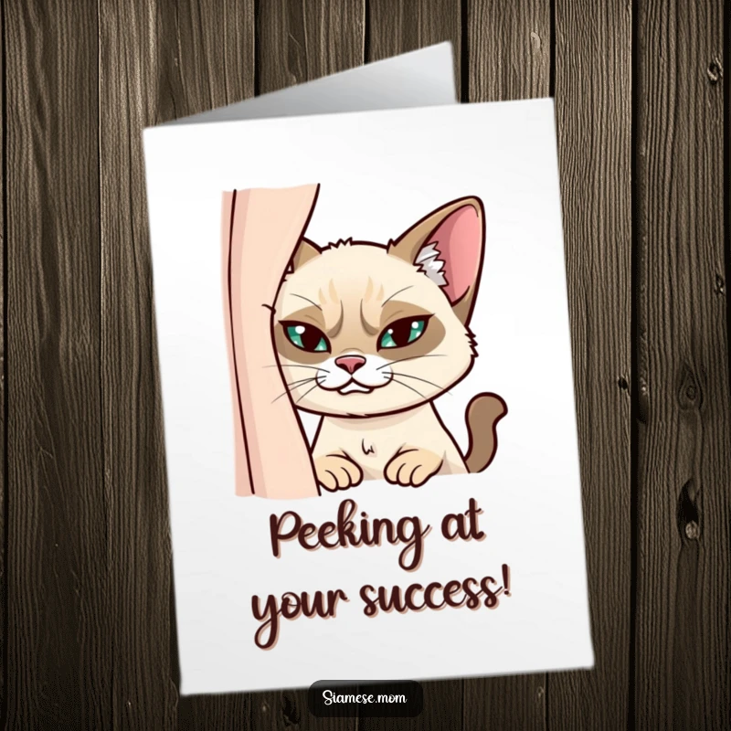 Funny Free Printable Congratulations Card: A Siamese cat with a sly grin peeking around a draped curtain.