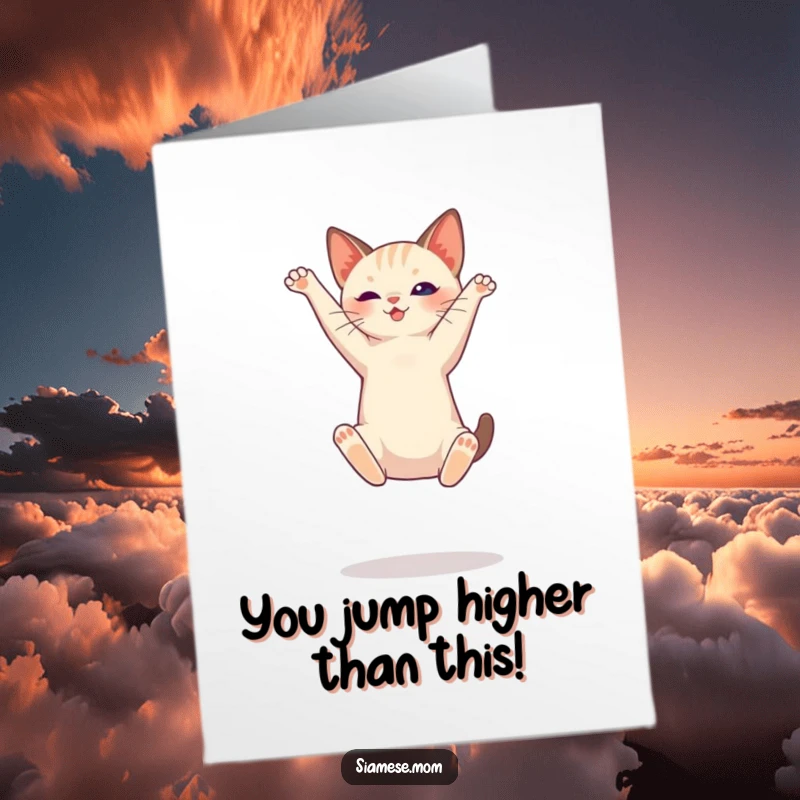Free Printable Congratulations Card: Siamese cat soaring through the air in a graceful, powerful jump.