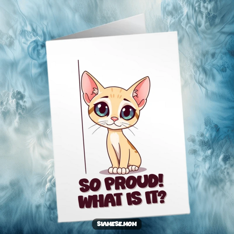 Funny Free Printable Congratulations Card: A slender cat with wide, curious eyes peeking around a corner, ready to pounce on news.