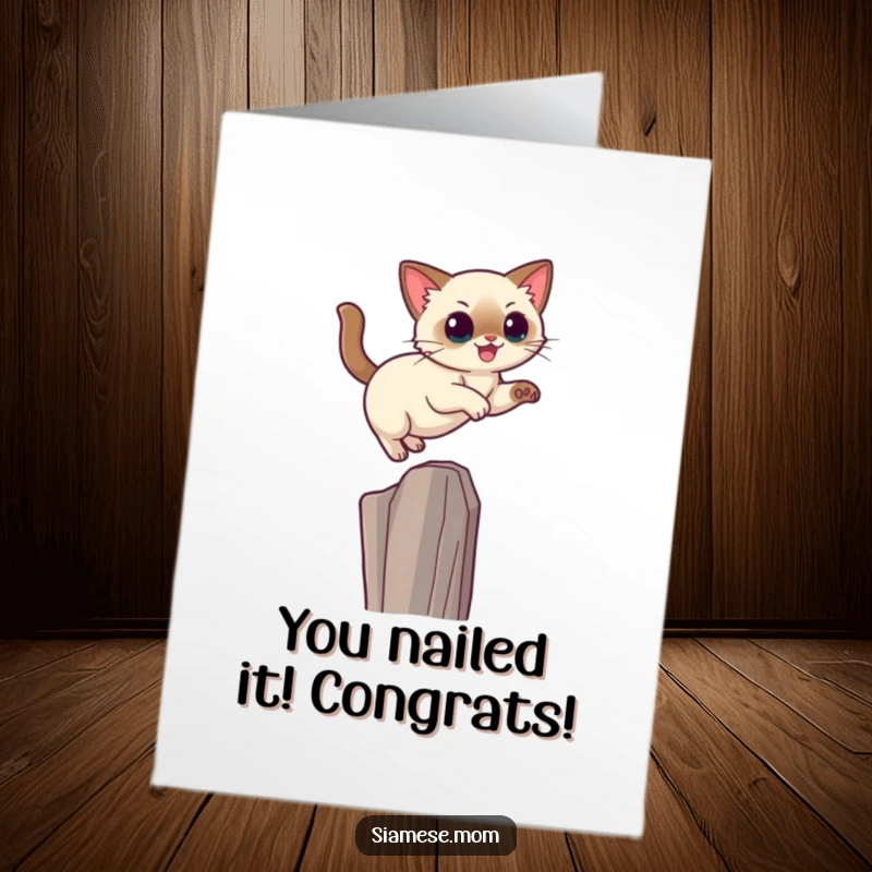 Funny free printable congratulations card: Kawaii Siamese cat leaping with agility onto a high perch, symbolizing a major win.